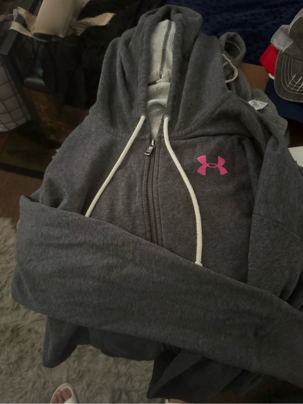 Under Armour Dark Gray Full-Zip Hoodie with Pink Logo